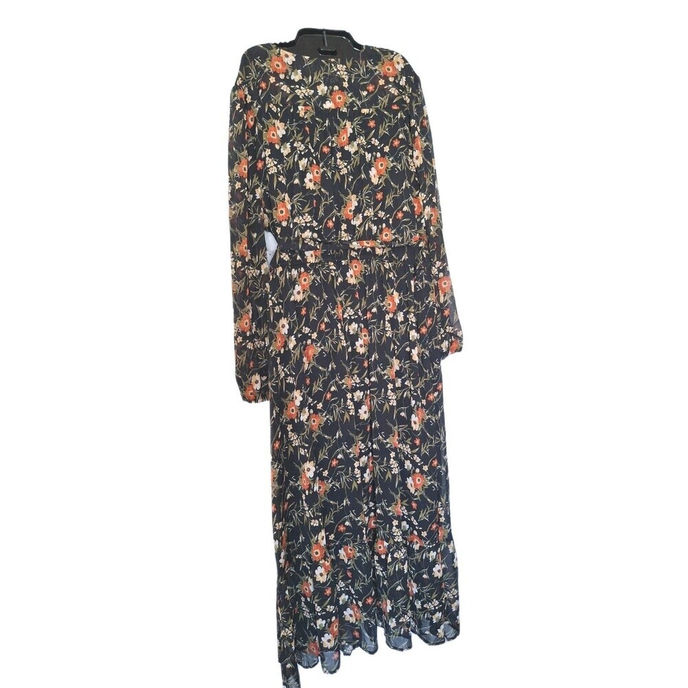 Nine Britton Stitch Fix Maxi Dress Size XXL Black Floral Print Belted Chiffon - Picture 3 of 9